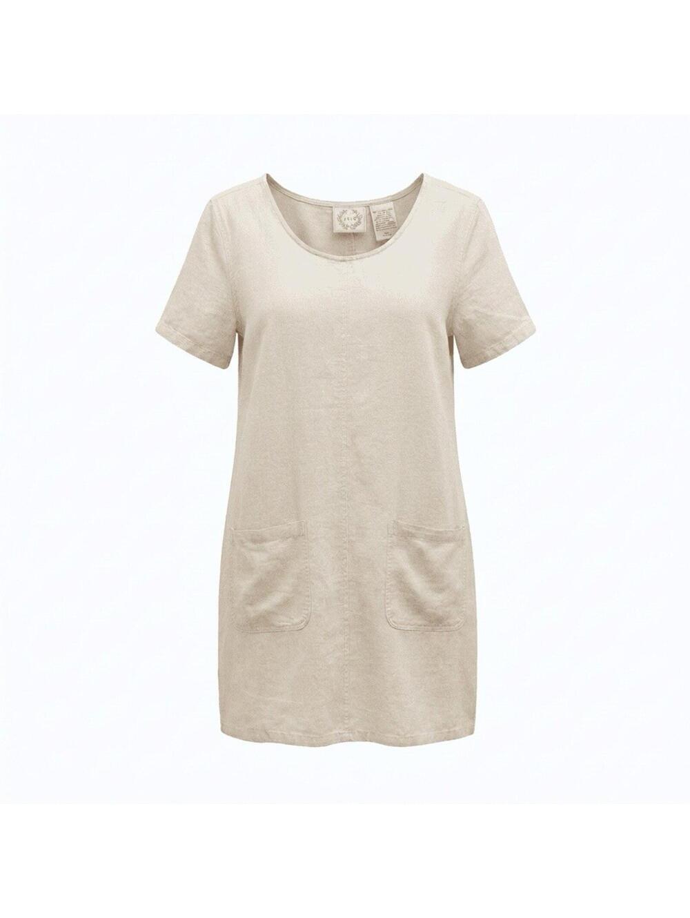 Erika Collection Vintage Linen Dress Womens Sz Small Beige Casual Shift Pockets